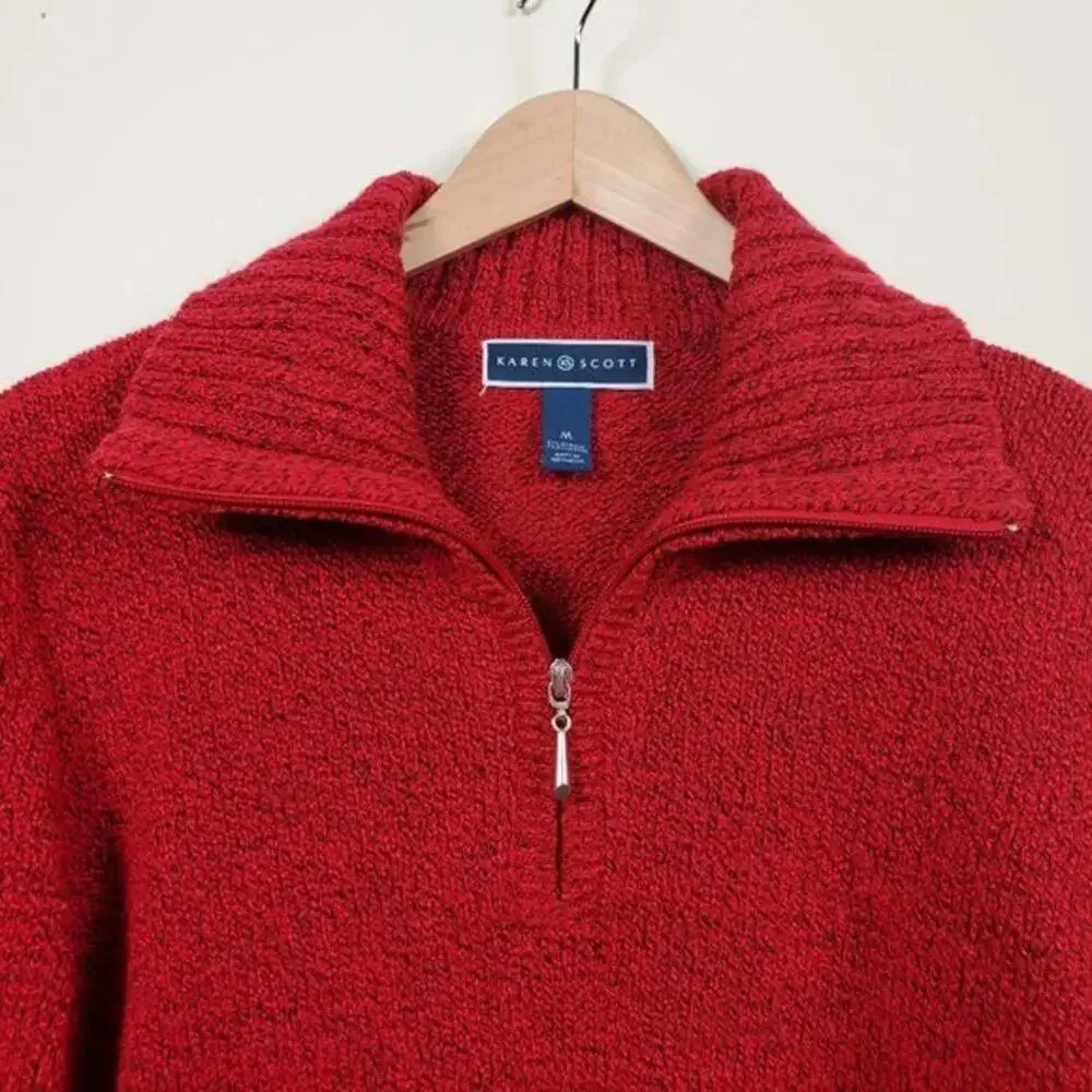 Karen Scott Red Cable Knit Sweater Women Size M Pullover Long Sleeve Quarter Zip